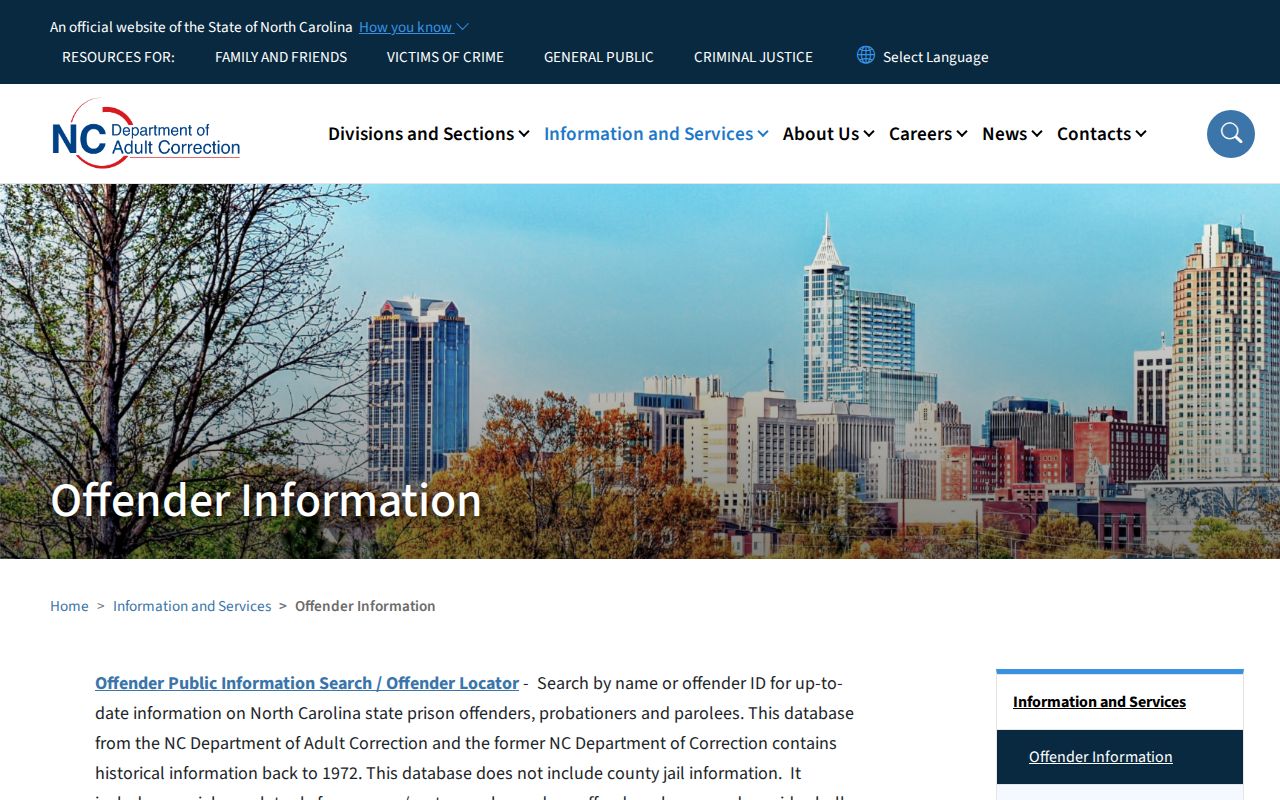 North Carolina Department of Adult Correction official offender search page
