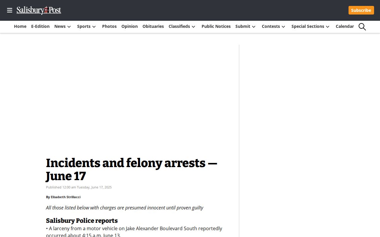 Salisbury Post Rowan County incidents and felony arrests article